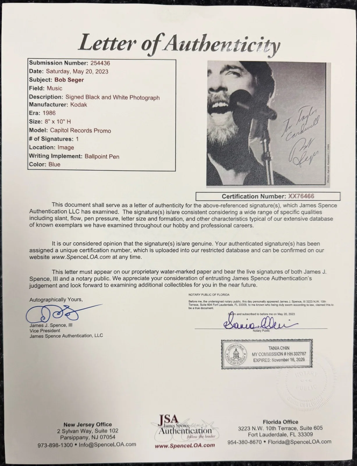 BOB SEGER SilverBullet Signed 8x10 Photo Autograph +JSA Full Letter Authenticity, image 3