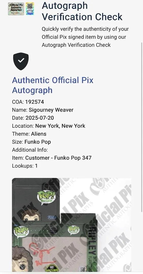 Sigourney Weaver Signed Funko Pop #347 Ripley w/Flamethrower #1, изображение 5