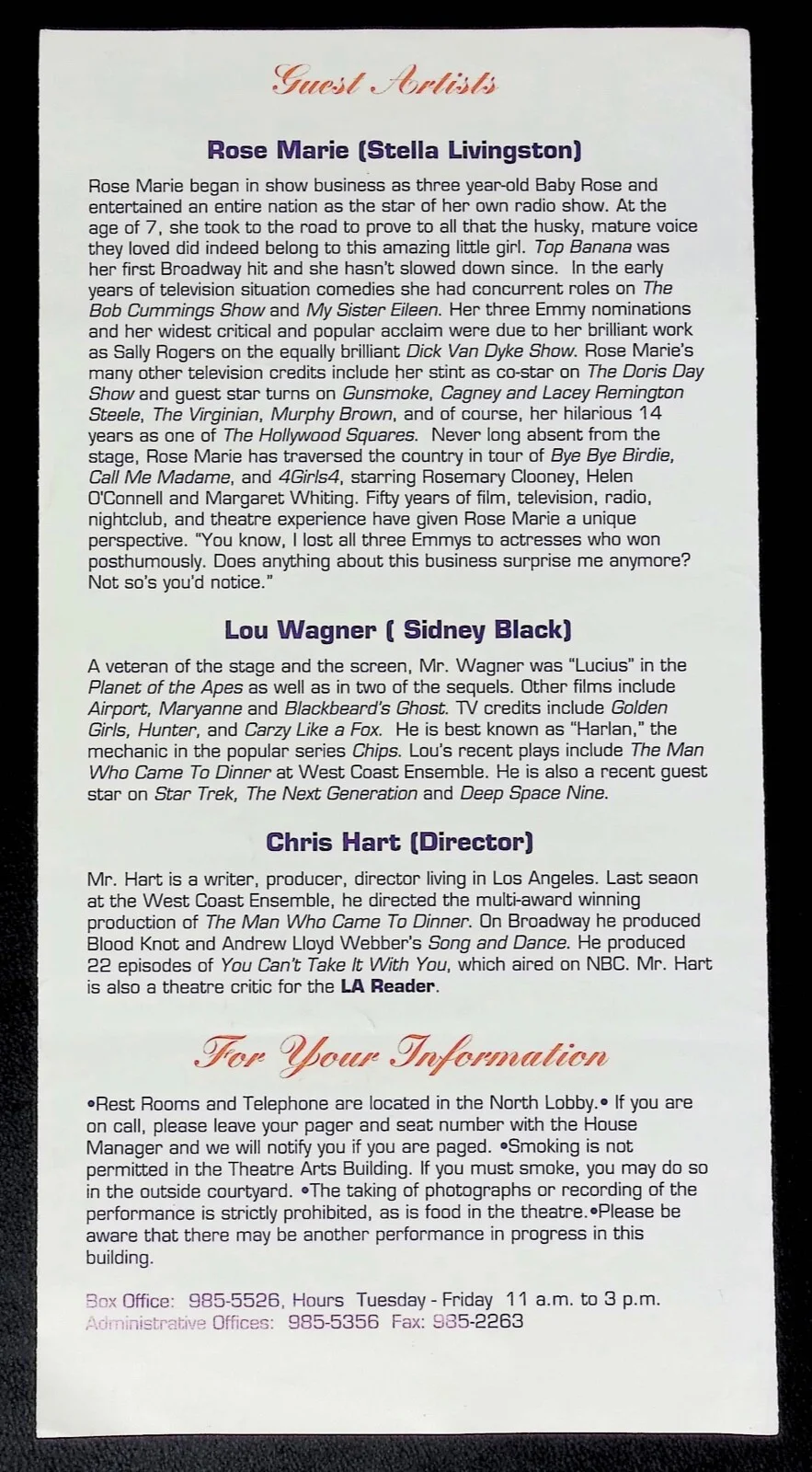 1993 California Repertory Company Light Up The Sky Play Bill, image 2