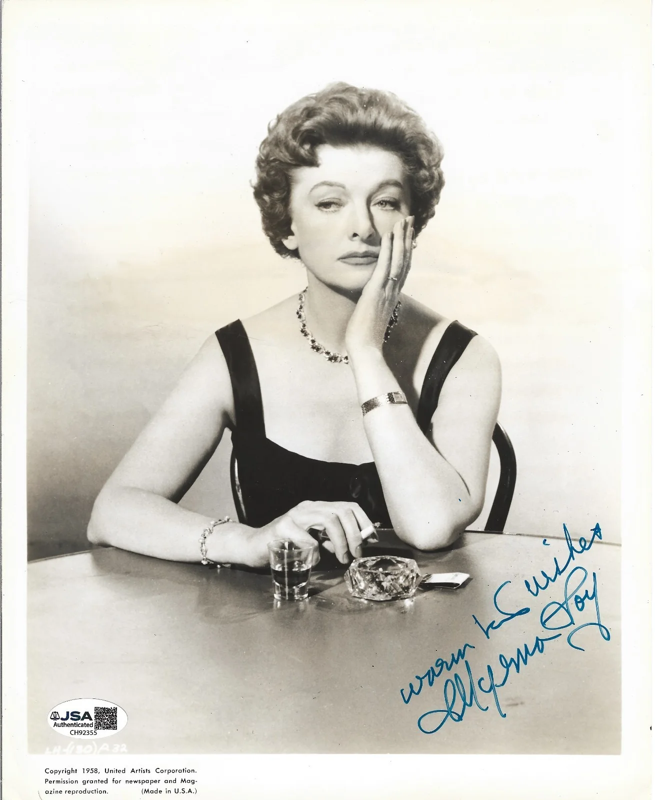 Myrna Loy — Myrna Loy REAL hand SIGNED 1958 Official Promo Photo JSA COA Autographed
