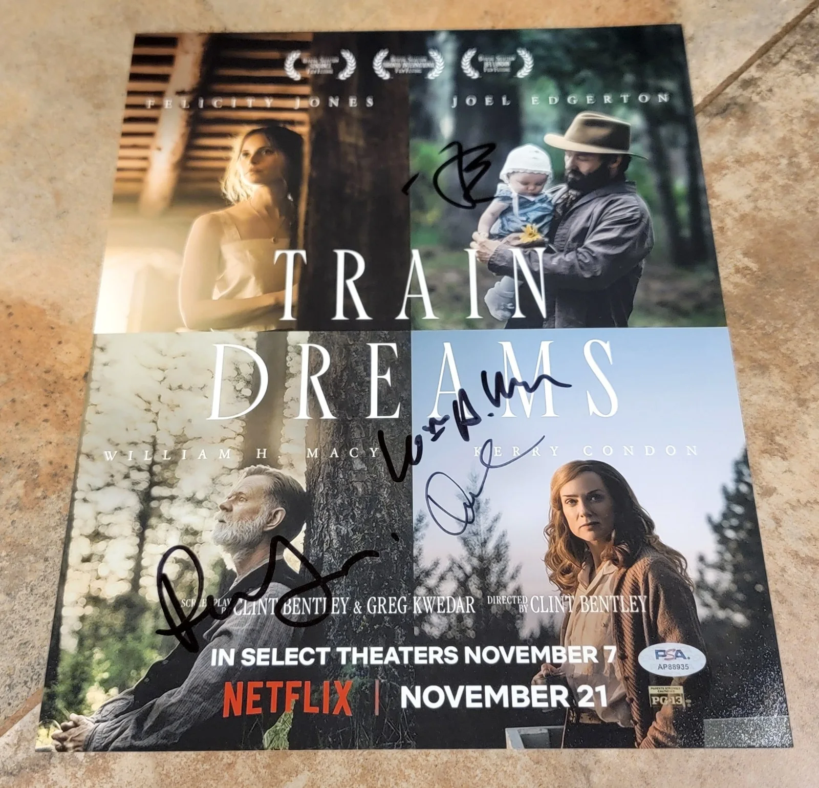 Joel Edgerton, Felicity Jones, Kerry Condon, William H Macy — Train Dreams cast 4 signed 11x14 Photo PSA Joel Edgerton Felicity Jones William