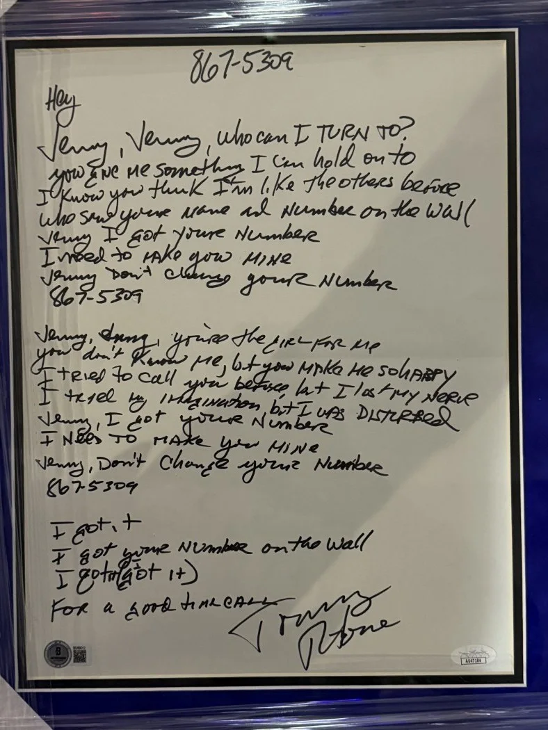 Tommy Tutone Signed Hand Written Lyric Sheet 867-5309 Jenny Custom Framed JSA, изображение 2
