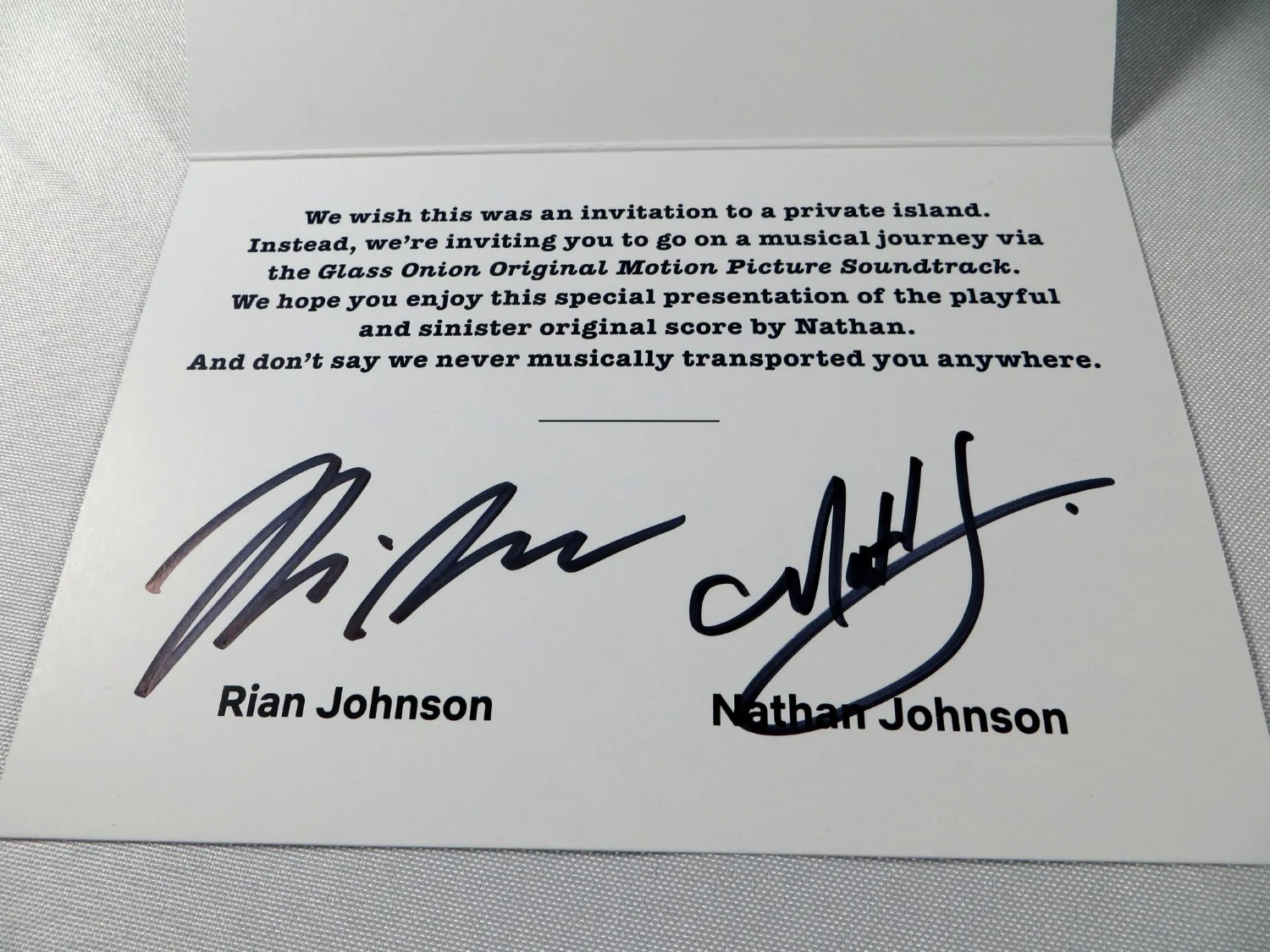 Rian Johnson, Nathan Johnson — Rian & Nathan Johnson Signed Autographed Album Cover Glass Onion BAS BU81804, image 3