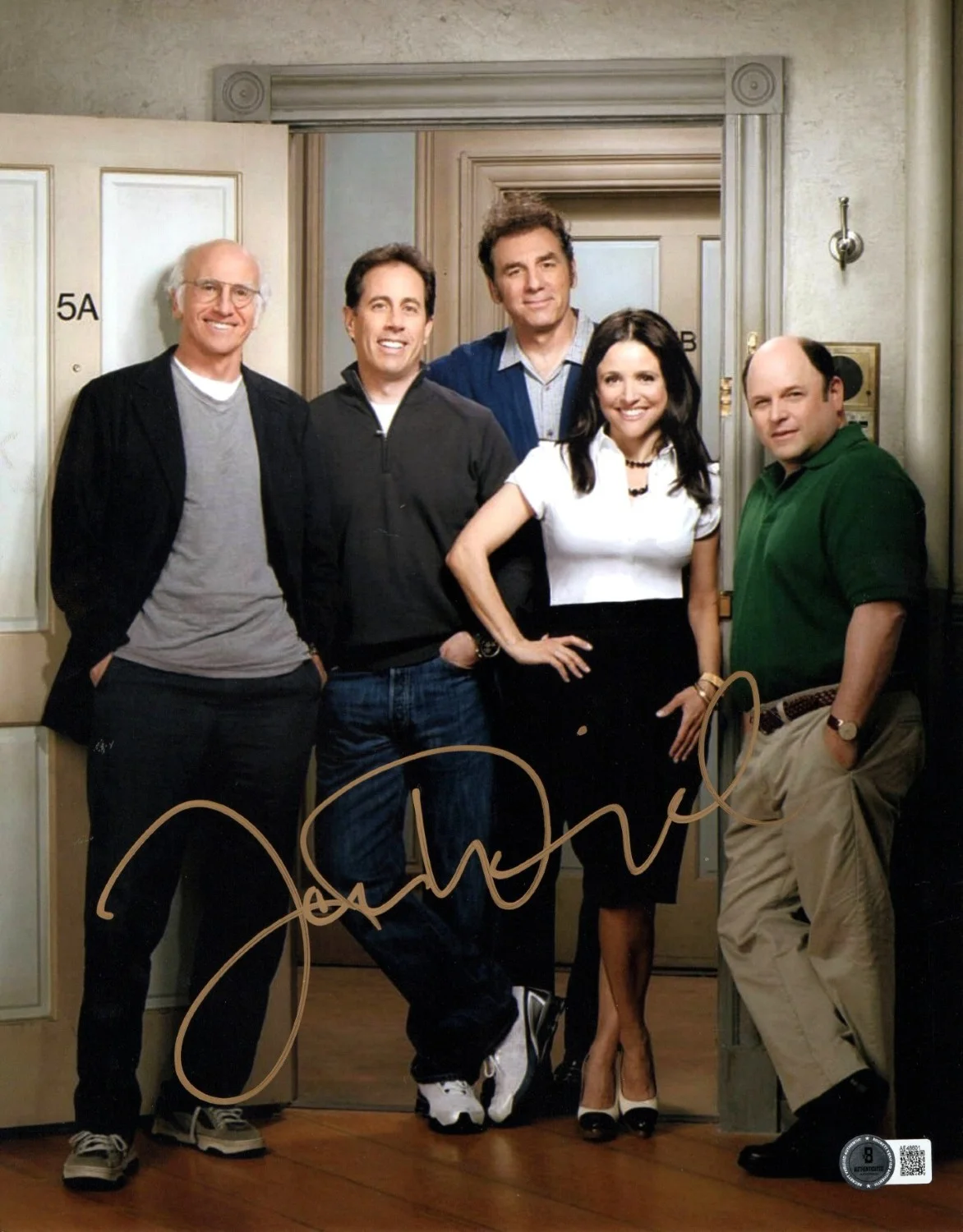 Larry David — Larry David Signed Autographed 11X14 Photo Seinfeld w/Cast on Set BAS AE48601