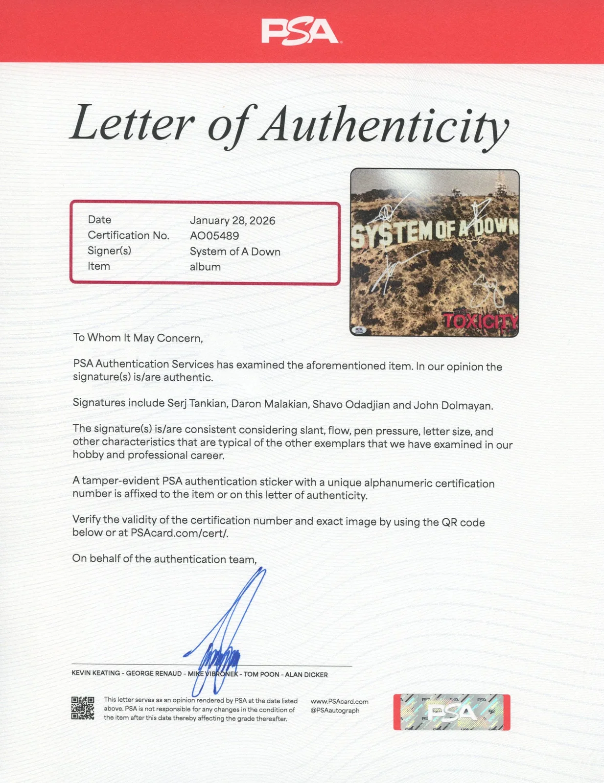 System of a Down Signed Autographed Vinyl LP “Toxicity” PSA/DNA Authenticated, image 3