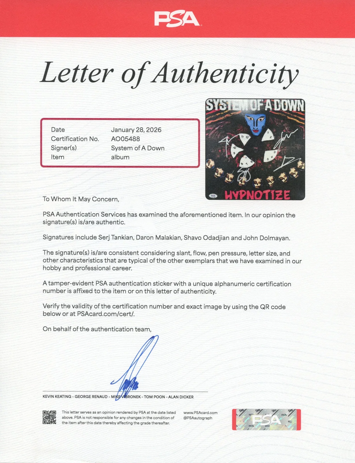 System of a Down Signed Autographed Vinyl LP “Hypnotize” PSA/DNA Authenticated, image 3