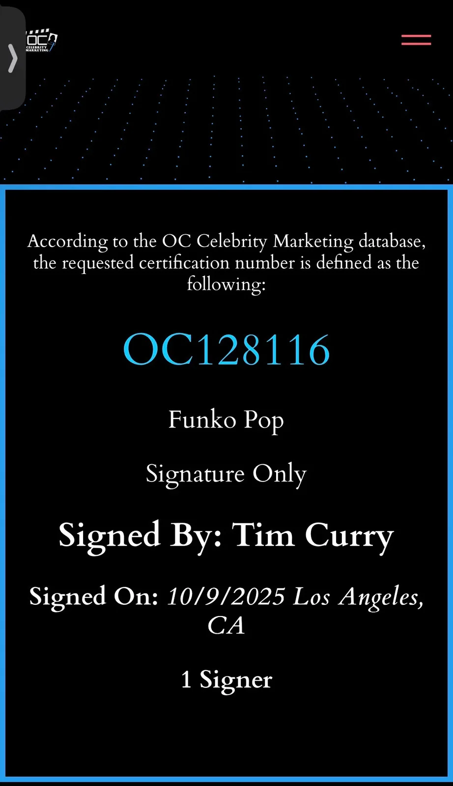 Tim Curry signed Funko #1912 (Rocky Horror Picture Show) - OC Celebrity Mtkg, изображение 5