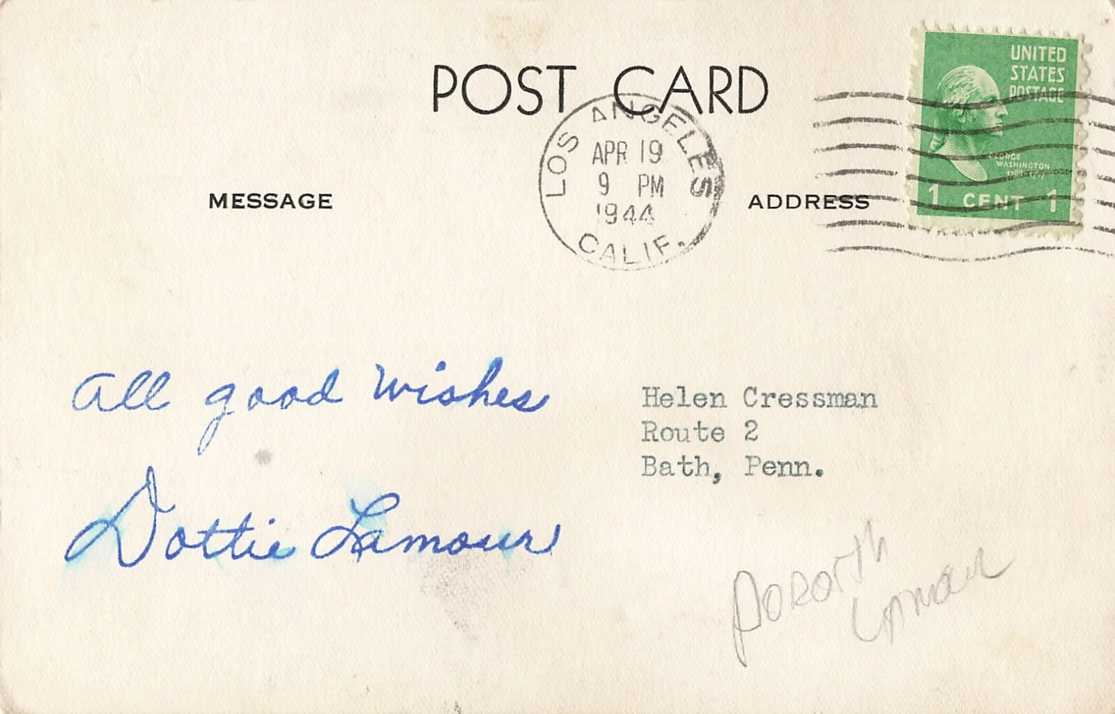 Dorothy Lamour — Dorothy Lamour 1944 Hand Signed Fan Photo Autograph Postcard Dottie *Am4c, изображение 2