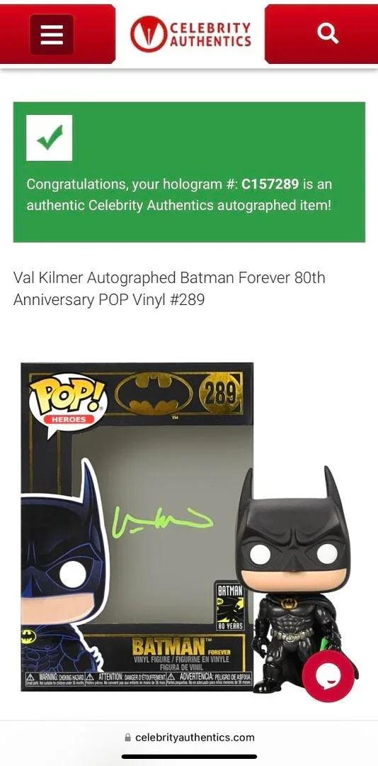 Val Kilmer Signed Funko Pop #289 Batman 80 Years - Celebrity Authentics #01, изображение 5