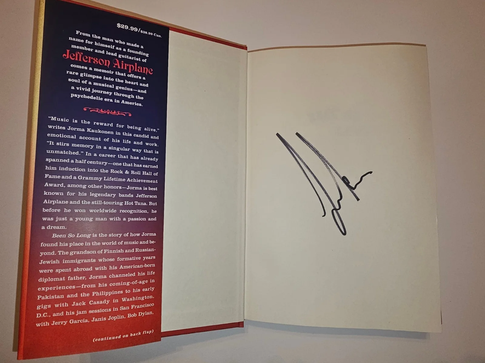 Jorma Kaukonen — JORMA KAUKONEN - AUTOGRAPHED "BEEN SO LONG: MY LIFE AND MUSIC" SIGNED BOOK W/CD, image 2