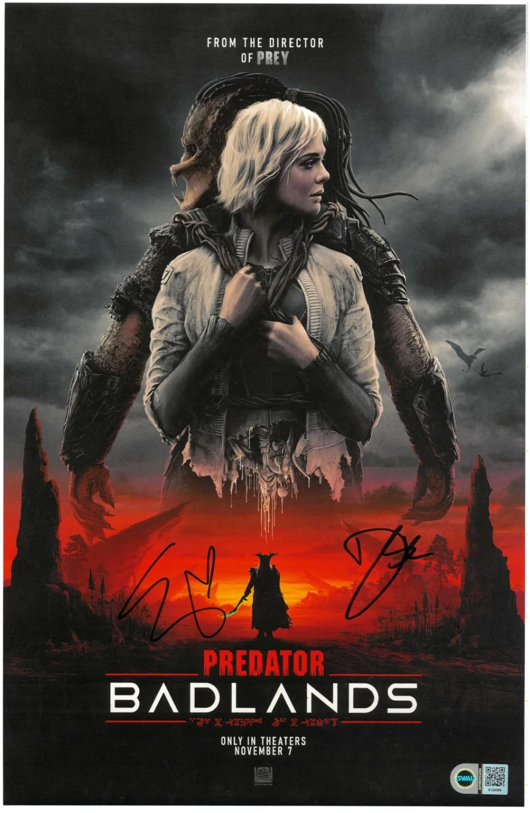 Elle Fanning, Dimitrius Koloamatangi — Elle Fanning Dimitrius Koloamatangi Signed Predator Badlands 11x17 SWAU COA