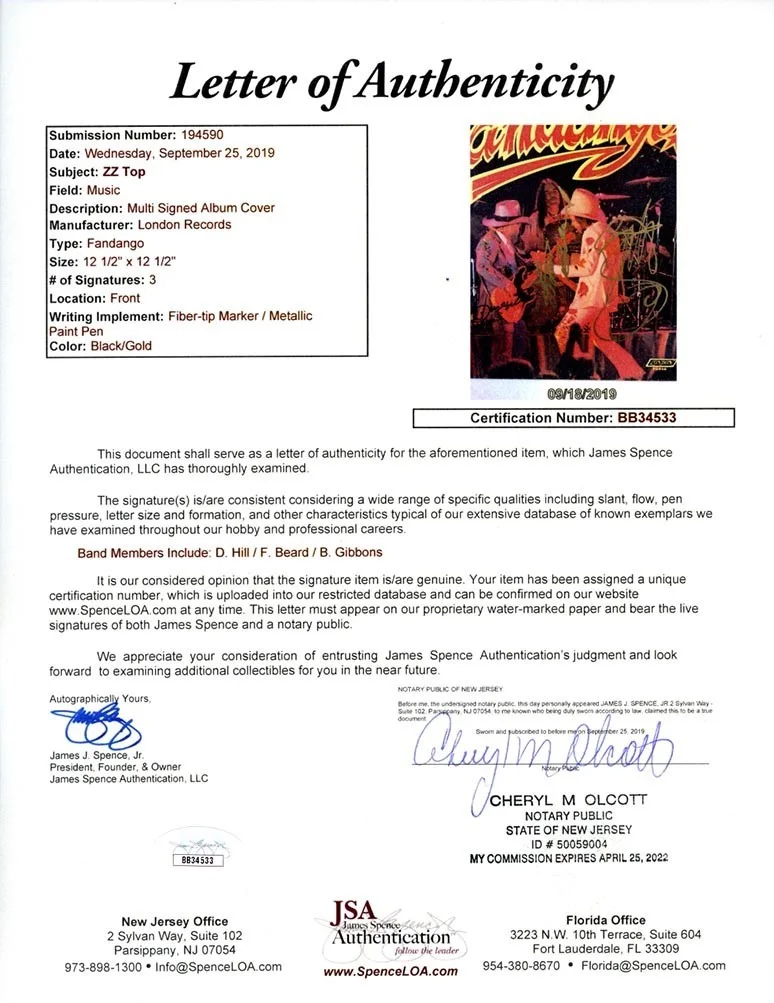ZZ Top Fandango! Autographed Signed Album LP Record Certified Authentic JSA COA, изображение 3
