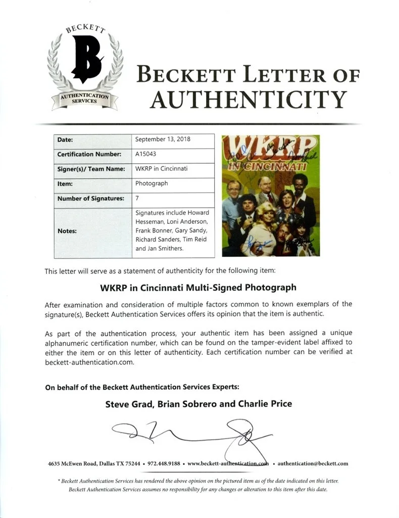 Show Cast — WKRP in Cincinnati Cast by 7 Autographed Signed 8x10 Photo Beckett BAS COA, image 2