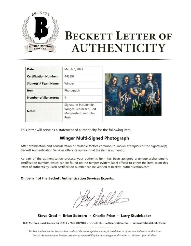 Winger Autographed Signed 8x10 Photo Certified Authentic Beckett BAS COA, image 2