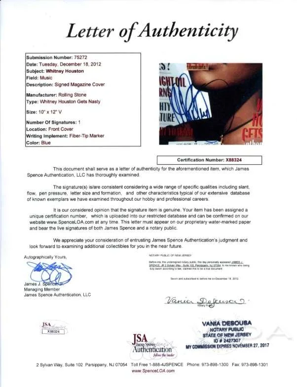 Whitney Houston Rolling Stone Autographed Signed Magazine Certified JSA COA, image 3