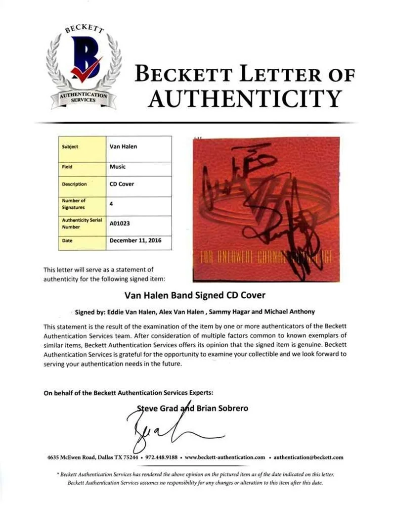Van Halen Eddie Sammy Alex Michael Autographed Signed CD Beckett BAS COA LOA, image 4