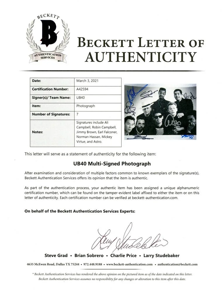 UB40 Band Group by 7 Autographed Signed 8x10 Photo Authentic Beckett BAS COA, изображение 2