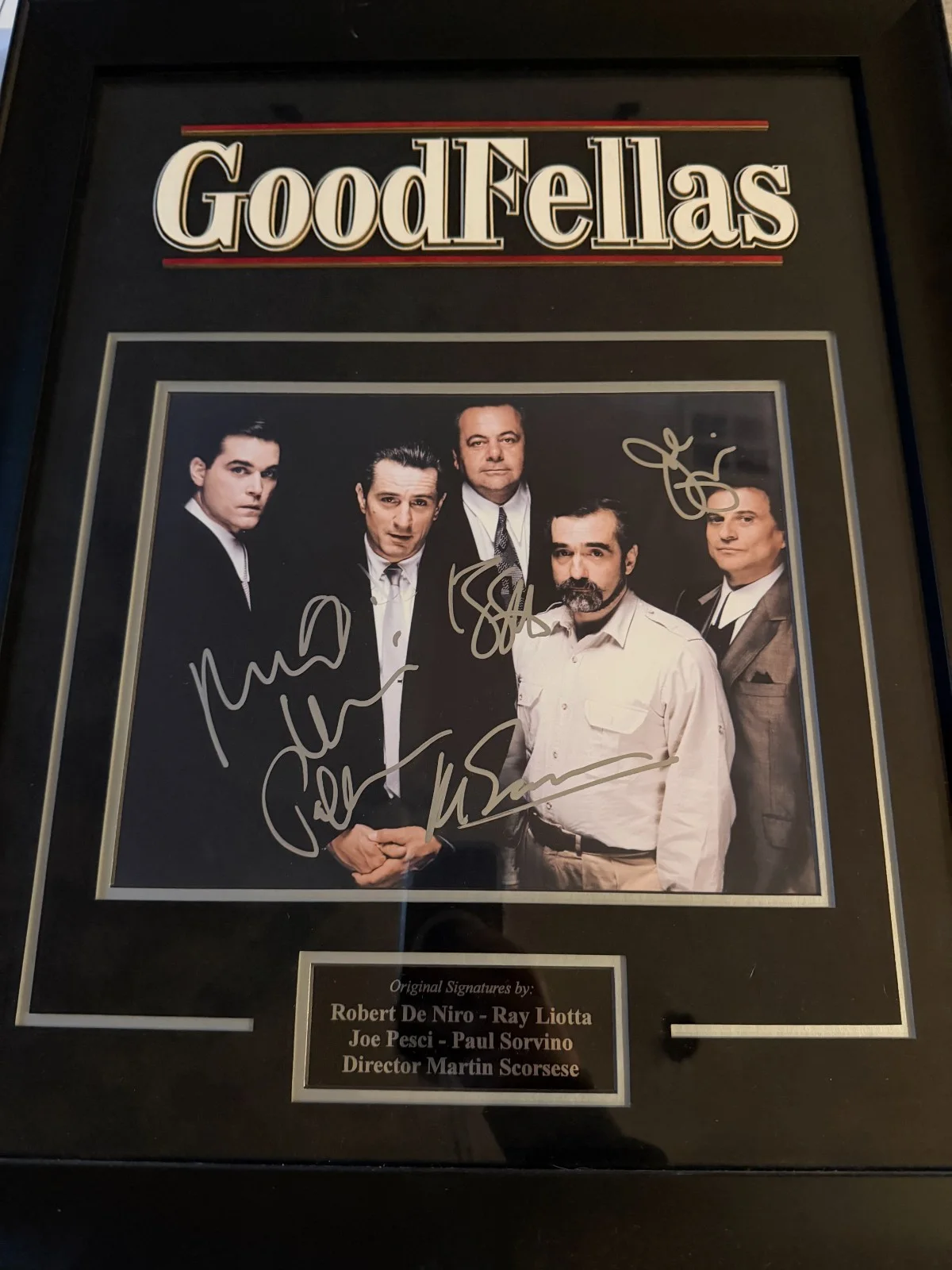 Robert De Niro, Ray Liotta, Joe Pesci, Martin Scorsese — Goodfellas Multi-Signed Display De Niro Pesci Liotta Sorvino Scorsese COA