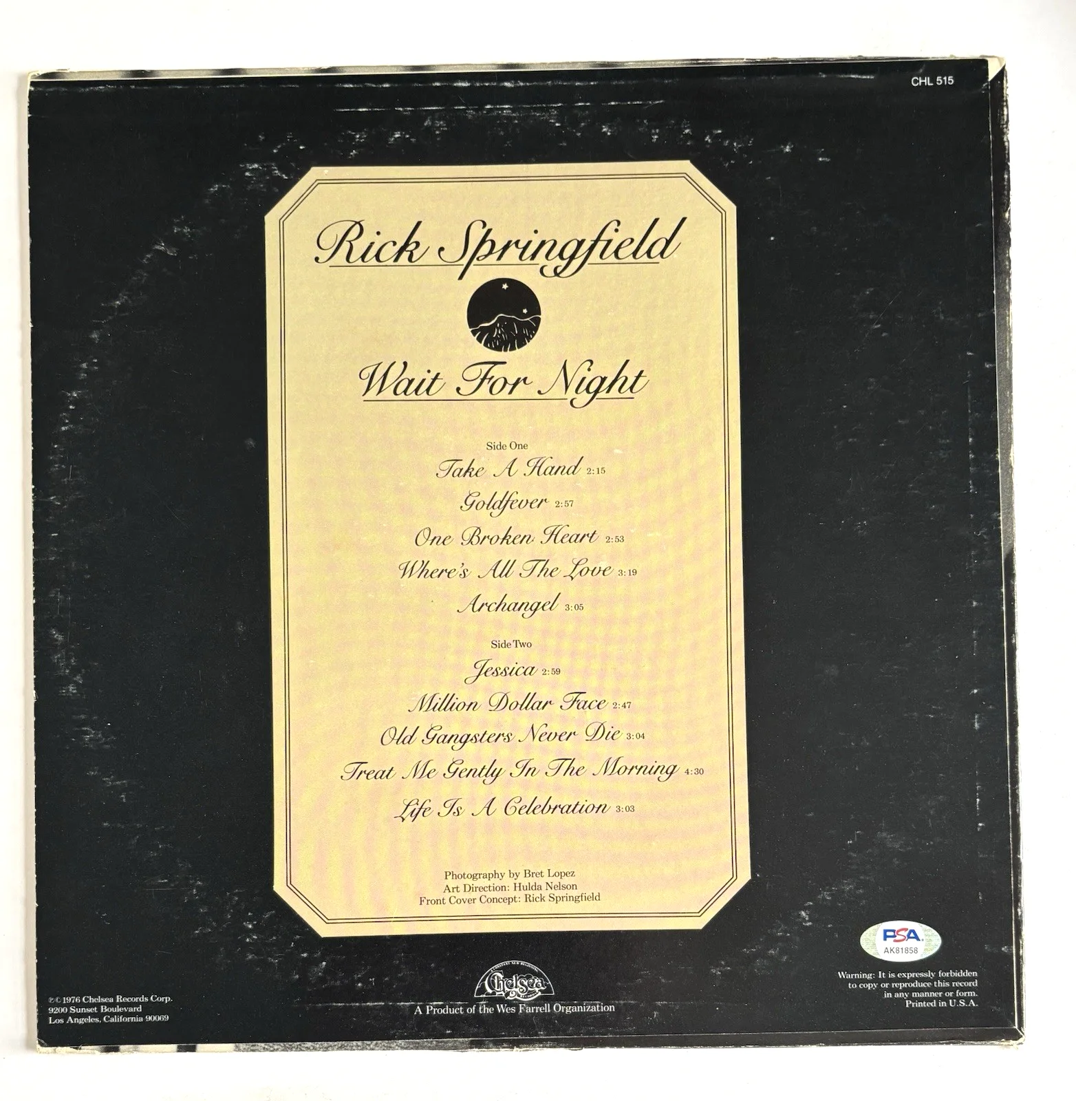 RICK SPRINGFIELD Signed WAIT FOR NIGHT Vinyl RECORD Album LP PSA/DNA Proof, изображение 4