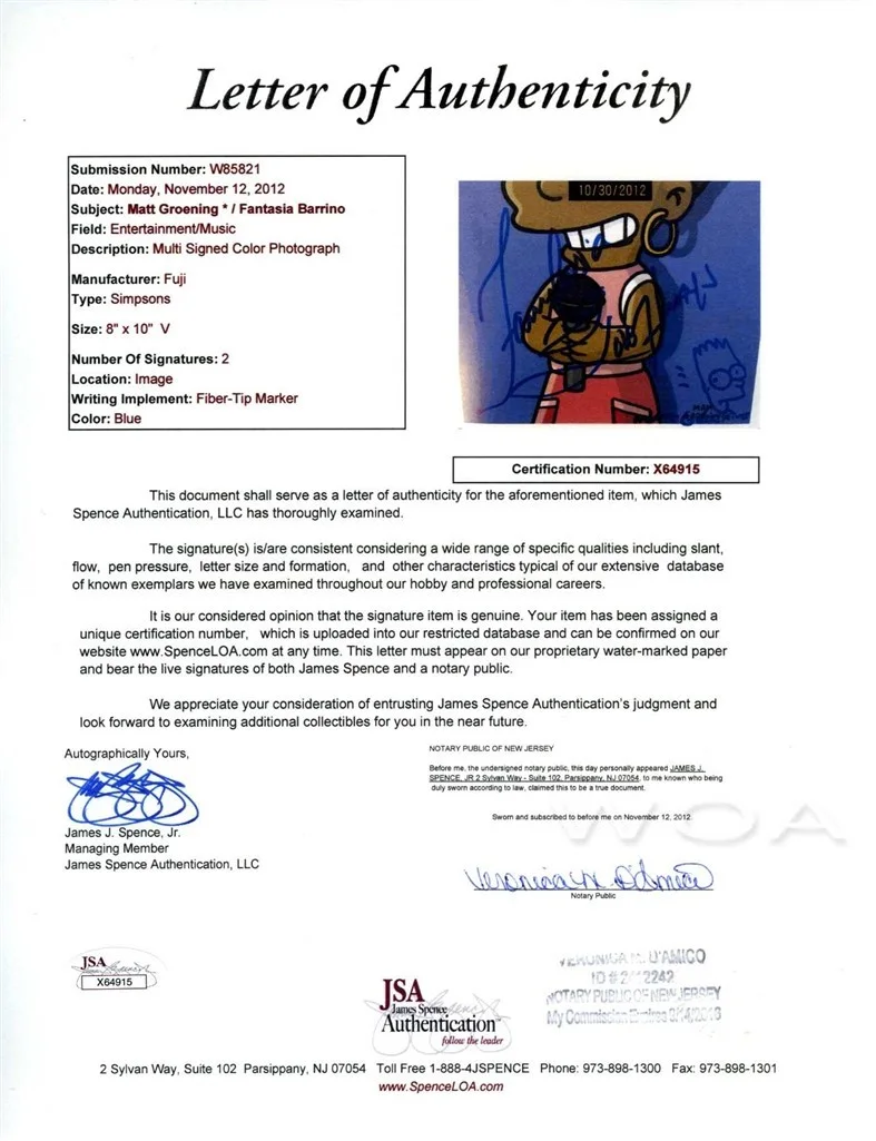 Fantasia, Matt Groening — The Simpsons Fantasia & Matt Groening Autograph Signed 8x10 Photo JSA COA, изображение 2