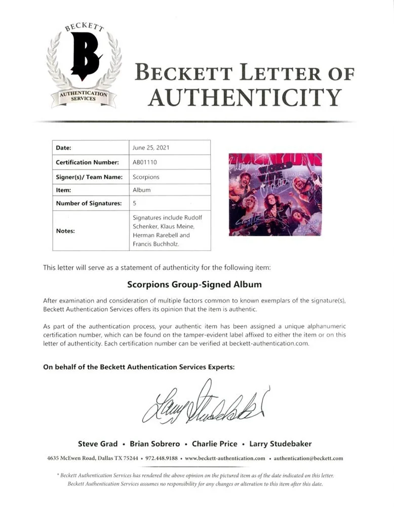 The Scorpions Autographed Signed Album LP Record Authentic Beckett BAS COA, image 3
