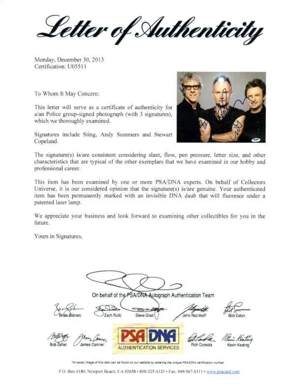 The Police Autographed Signed 8x10 Photo Certified Authentic PSA/DNA COA LOA, изображение 2