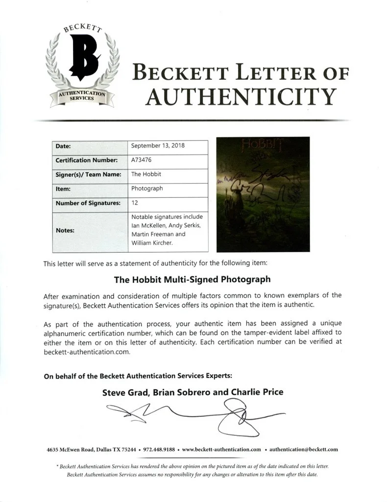 Cast — The Hobbit Cast by 12 Autographed Signed 8x10 Photo Beckett Authentic BAS COA, изображение 2