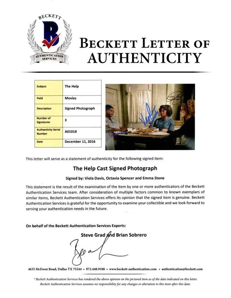 Cast — The Help Stone Davis Spencer Autographed Signed 8x10 Photo Beckett BAS COA, image 2