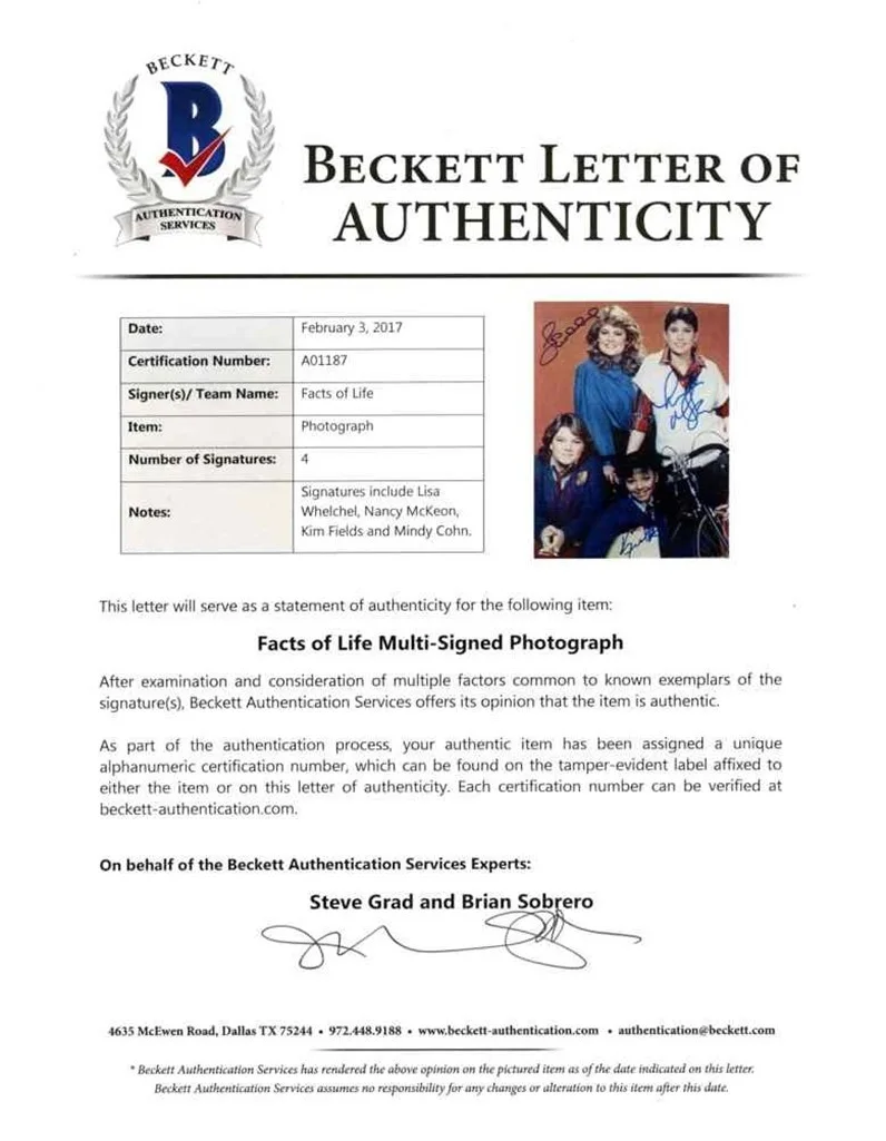 Show Cast Members — The Facts of Life Cast by 4 Autographed Signed 8x10 Photo Beckett BAS COA, изображение 2