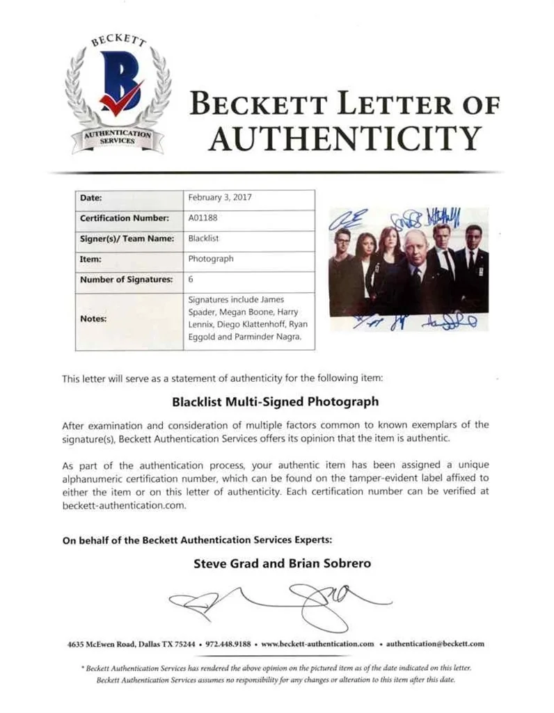 Show Cast Members — The Blacklist Boone Spader Lennix +3 Autographed Signed 11x14 Photo BAS COA, изображение 2