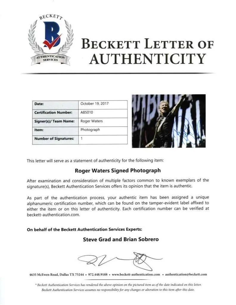 Roger Waters Pink Floyd Autographed Signed 11x14 Photo Certified Beckett BAS COA, изображение 2