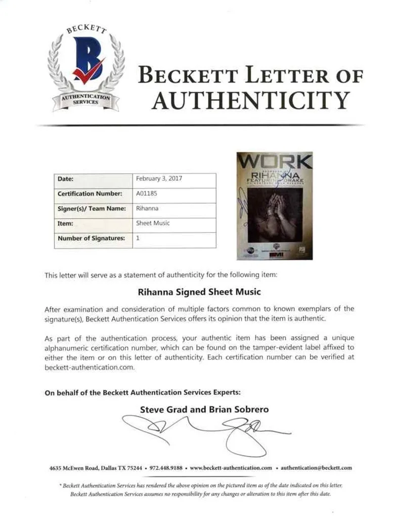 Rihanna Autographed Signed Sheet Music Certified Authentic Beckett BAS COA, image 2