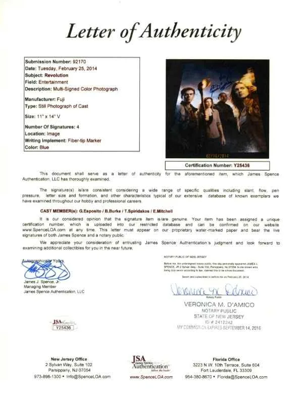 cast — Revolution Spiridakos Esposito Burke Mitchell Autographed Signed 11x14 Photo JSA, image 2