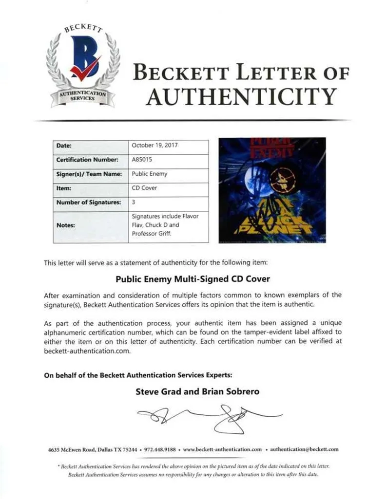 Public Enemy Griff Flavor Flav Chuck D Autographed Signed CD Beckett BAS COA, image 4