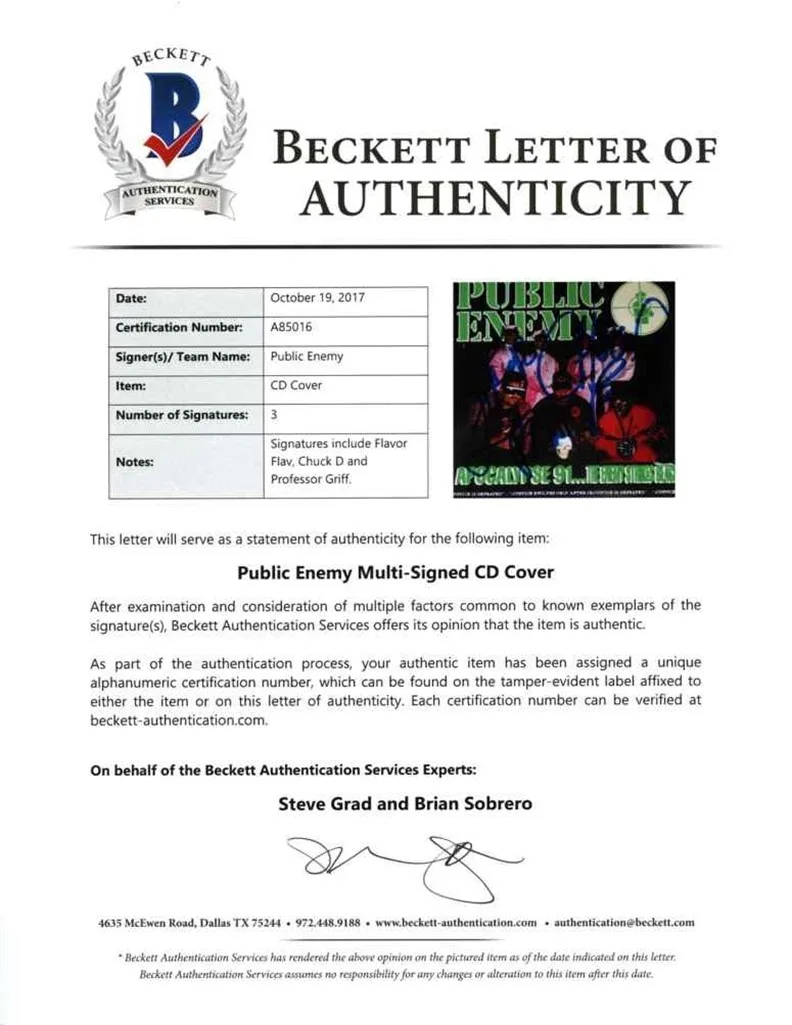 Public Enemy Griff Flavor Flav Chuck D Autographed Signed CD BAS Beckett COA, image 4
