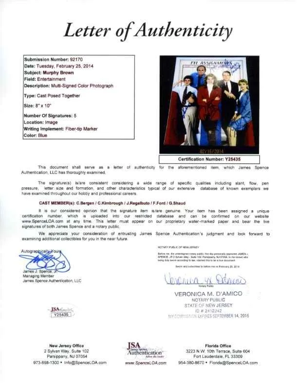 cast — Murphy Brown Cast by 5 Autographed Signed 8x10 Photo Certified Authentic JSA COA, image 2