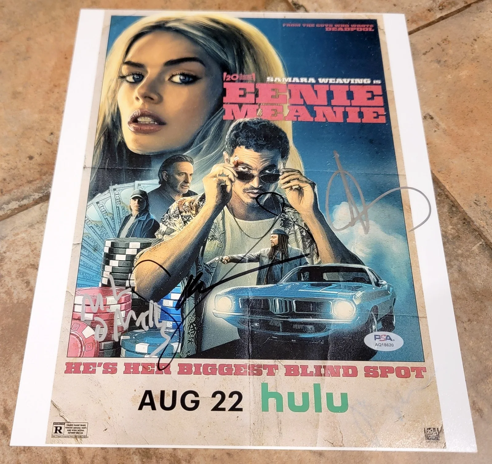 Samara Weaving, Karl Glusman, Andy Garcia, Mike O'Malley — Eenie Meanie cast 4 signed 11x14 photo PSA Samara Weaving Karl Glusman Andy Garc