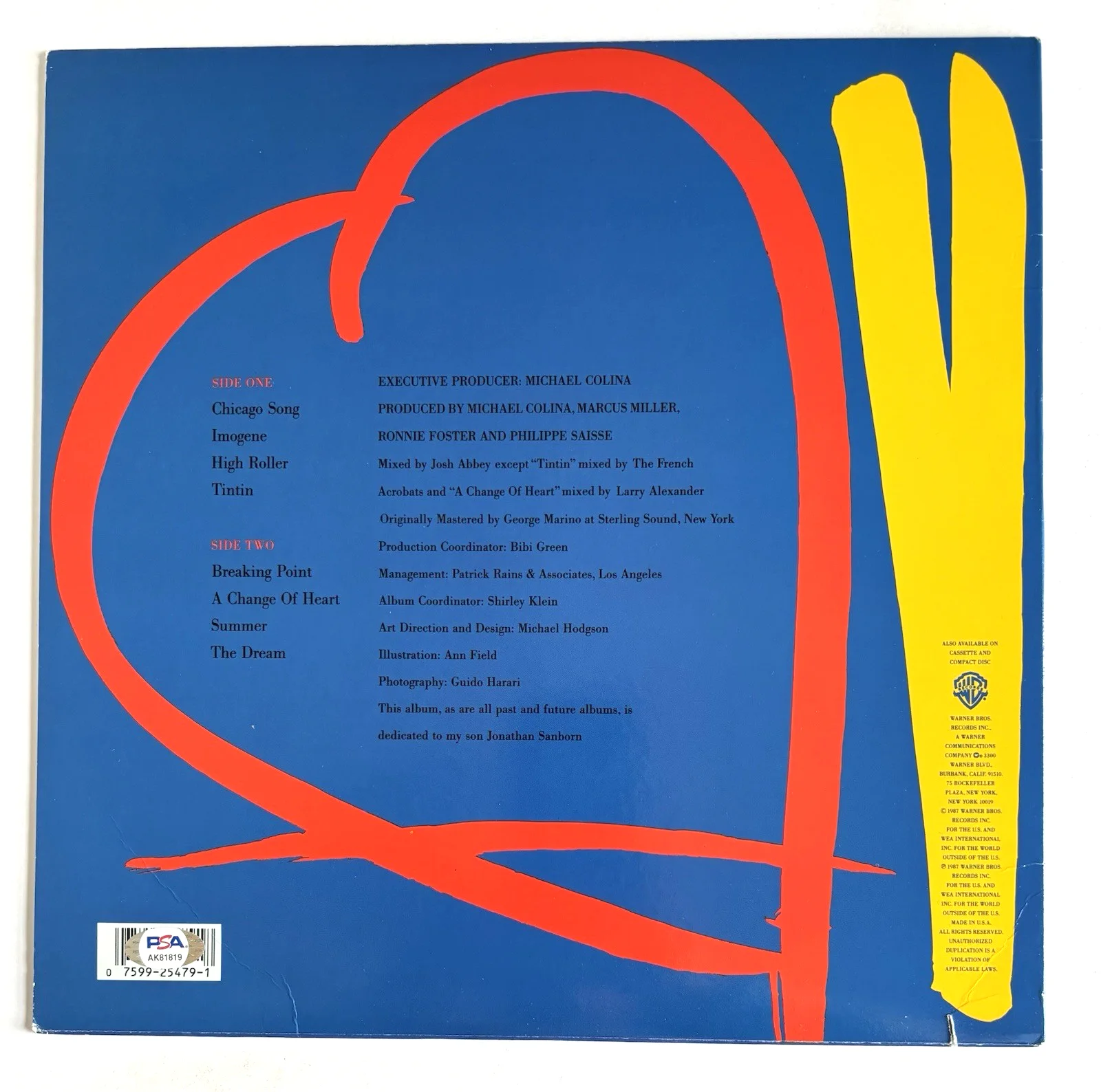 DAVID SANBORN Signed CHANGE OF HEART VINYL RECORD LP ALBUM PSA DNA COA Jazz, изображение 4
