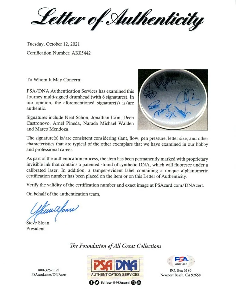 Journey Band by 6 Autographed Signed Drumhead Certified Authentic PSA/DNA COA, image 2