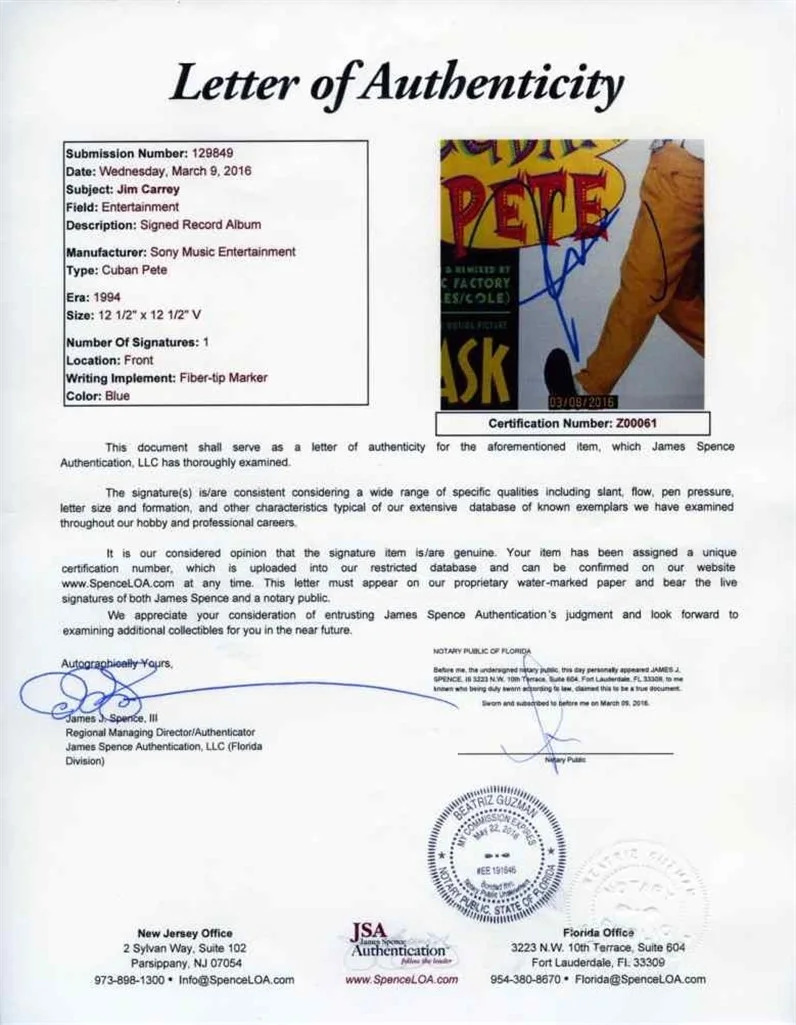 jim carrey — Jim Carrey Mask Cuban Pete Autographed Signed Record LP Certified JSA COA, изображение 3