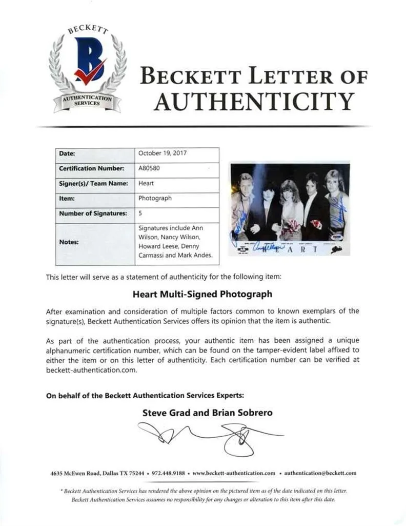 Heart Band by all 5 Autographed Signed 8x10 Photo Authentic Beckett BAS COA, изображение 2