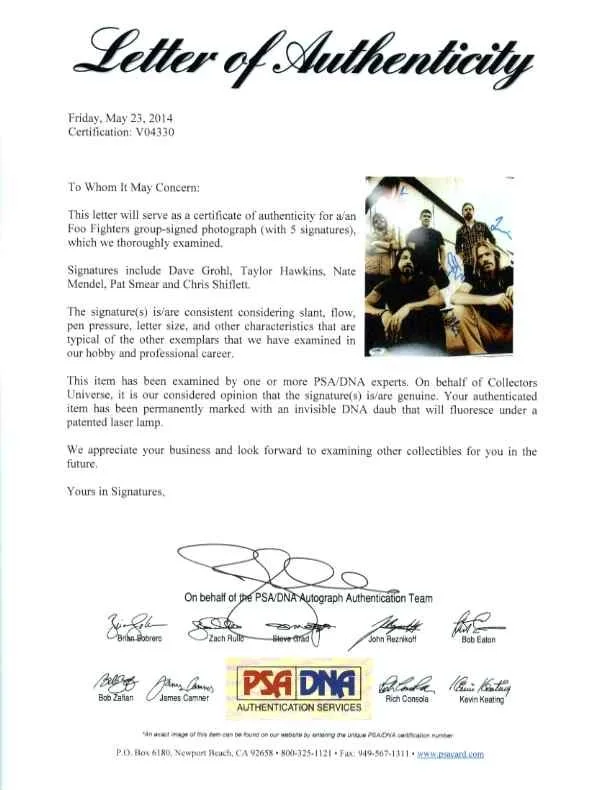 Foo Fighters Autographed Signed 11x14 Photo Certified Authentic PSA/DNA COA, image 2