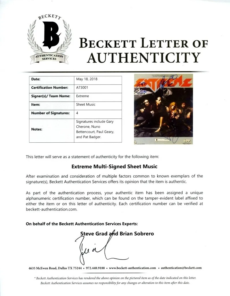 Extreme Cherone Bettencourt Geary Badger Autographed Signed Sheet Music BAS COA, изображение 2