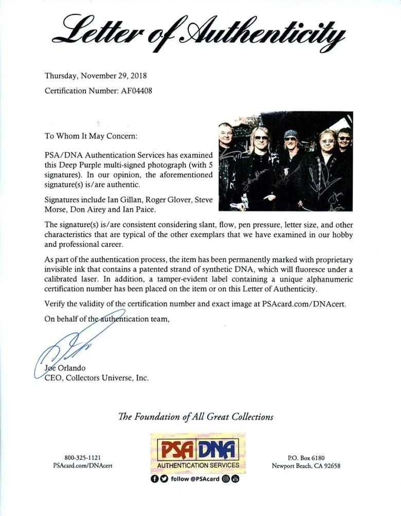 Deep Purple Band Autographed Signed 11x14 Photo Authentic PSA/DNA COA, изображение 2