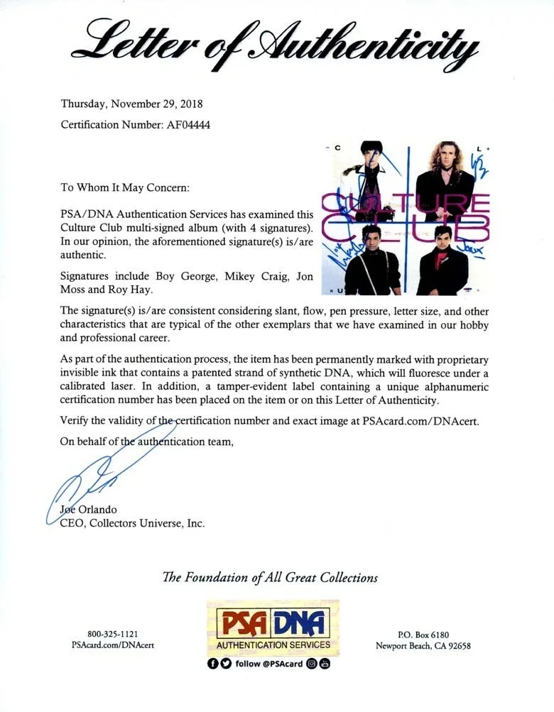 Culture Club Autographed Signed Album LP Record Certified Authentic PSA/DNA COA, изображение 3