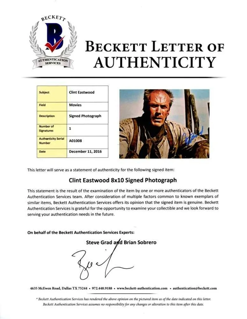 Clint Eastwood — Clint Eastwood Unforgiven Autographed Signed 8x10 Photo Beckett BAS COA LOA, image 2