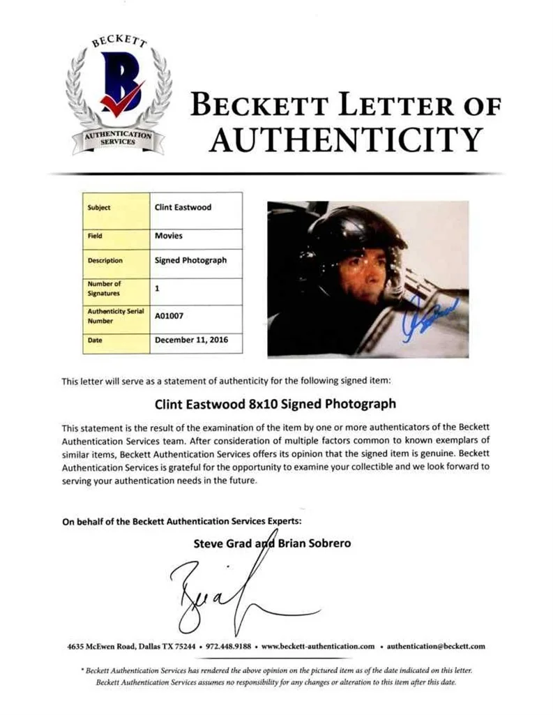 Clint Eastwood — Clint Eastwood Autographed Signed 8x10 Photo Certified Beckett BAS COA LOA, изображение 2