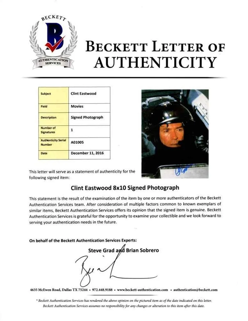 Clint Eastwood — Clint Eastwood Autographed Signed 8x10 Photo Beckett BAS COA LOA, изображение 2