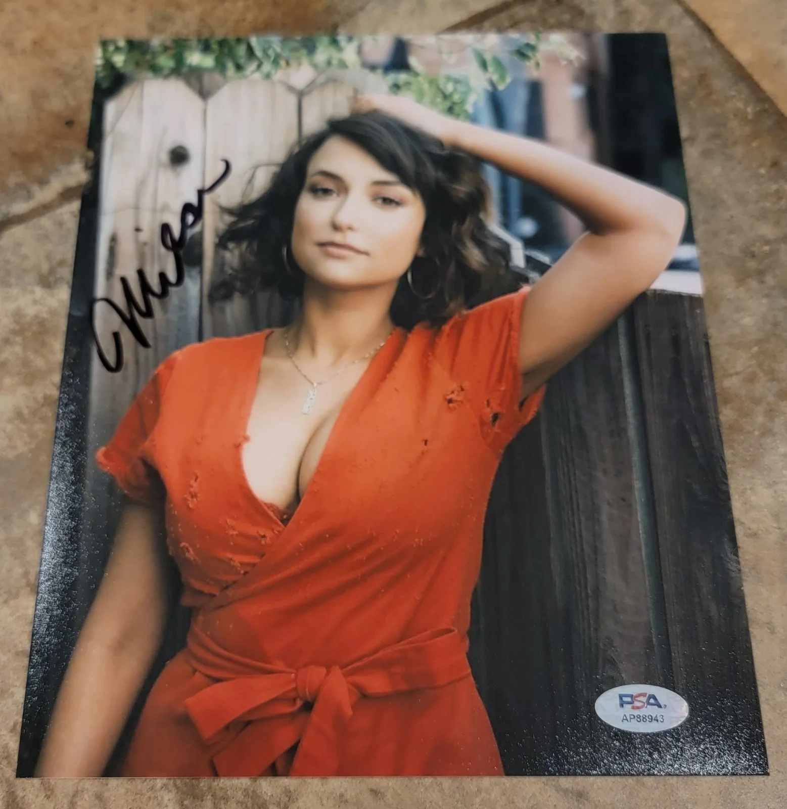 Milana Vayntrub — Milana Vayntrub signed 8x10 photo autograph PSA DNA photoshoot orange shirt