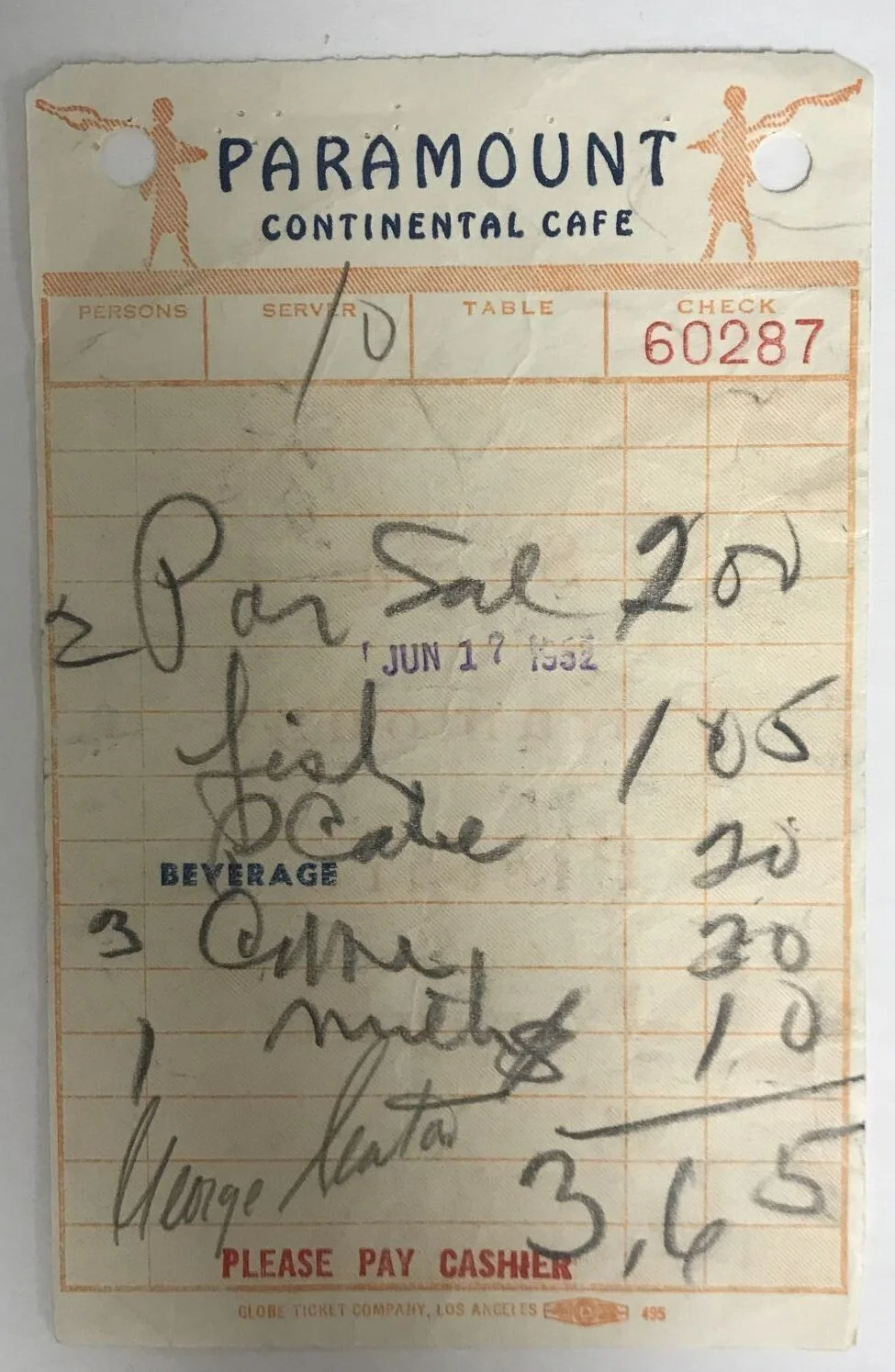 Paramount Studios Cafe Receipt Document Signed by George Seaton #2 Director 1952, image 2